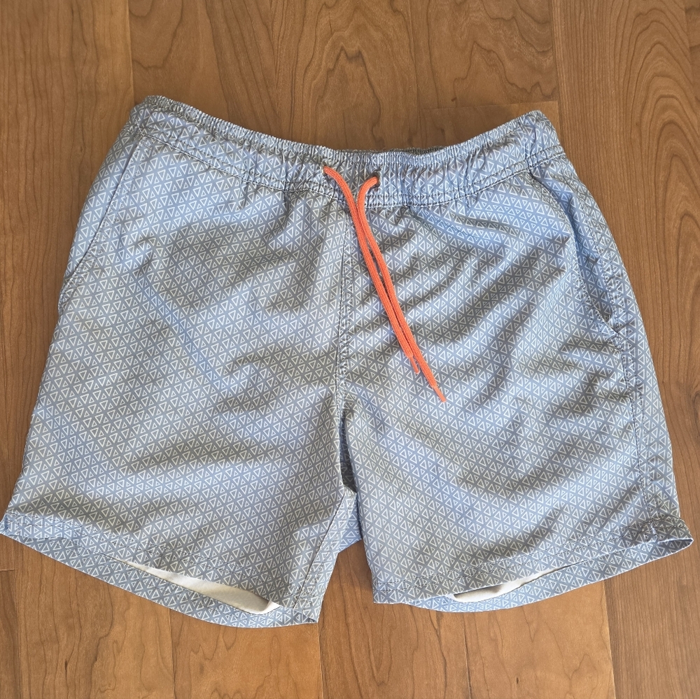 J. Crew Light Blue Geo Swim Trunks with Orange Drawcord